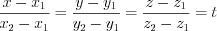LaTeX formula: \frac{x-x_1}{x_2-x_1}=\frac{y-y_1}{y_2-y_1}=\frac{z-z_1}{z_2-z_1}=t