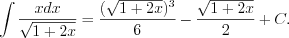 LaTeX formula: \int \frac{xdx}{\sqrt{1+2x}}=\frac{(\sqrt{1+2x})^3}{6}-\frac{\sqrt{1+2x}}{2}+C.