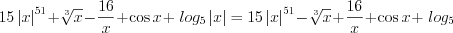 LaTeX formula: 15\left | x \right |^{51}+\sqrt[3]{x}-\frac{16}{x}+\cos x+\ log_{5}\left | x \right |=15\left | x \right |^{51}-\sqrt[3]{x}+\frac{16}{x}+\cos x+\ log_{5}\left | x \right |