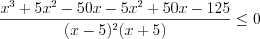 LaTeX formula: \frac{x^{3}+5x^{2}-50x-5x^{2}+50x-125}{(x-5)^{2}(x+5)}\leq 0