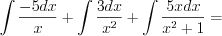 LaTeX formula: \int \frac{-5dx}{x}+\int \frac{3dx}{x^2}+\int \frac{5xdx}{x^2+1}=