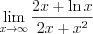 LaTeX formula: \lim_{x\rightarrow \infty }\frac{2x+\ln x}{2x+x^{2}}