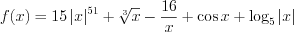 LaTeX formula: f(x)=15\left | x \right |^{51}+\sqrt[3]{x}-\frac{16}{x}+\cos x+\log_{5}\left | x \right |