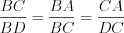 LaTeX formula: \frac{BC}{BD}=\frac{BA}{BC}=\frac{CA}{DC}
