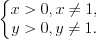 LaTeX formula: \left\{\begin{matrix} x>0,x\neq 1,\\ y>0,y\neq 1. \end{matrix}\right.