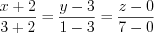 LaTeX formula: \frac{x+2}{3+2}=\frac{y-3}{1-3}=\frac{z-0}{7-0}