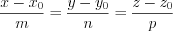 LaTeX formula: \frac{x-x_0}{m}=\frac{y-y_0}{n}=\frac{z-z_0}{p}