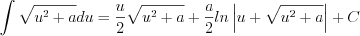LaTeX formula: \int \sqrt{u^2+a}du=\frac{u}{2}\sqrt{u^2+a} +\frac{a}{2}ln \left |u+ \sqrt{u^2+a} \right | +C