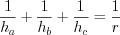 LaTeX formula: \frac{1}{h_{a}}+\frac{1}{h_{b}}+\frac{1}{h_{c}}=\frac{1}{r}